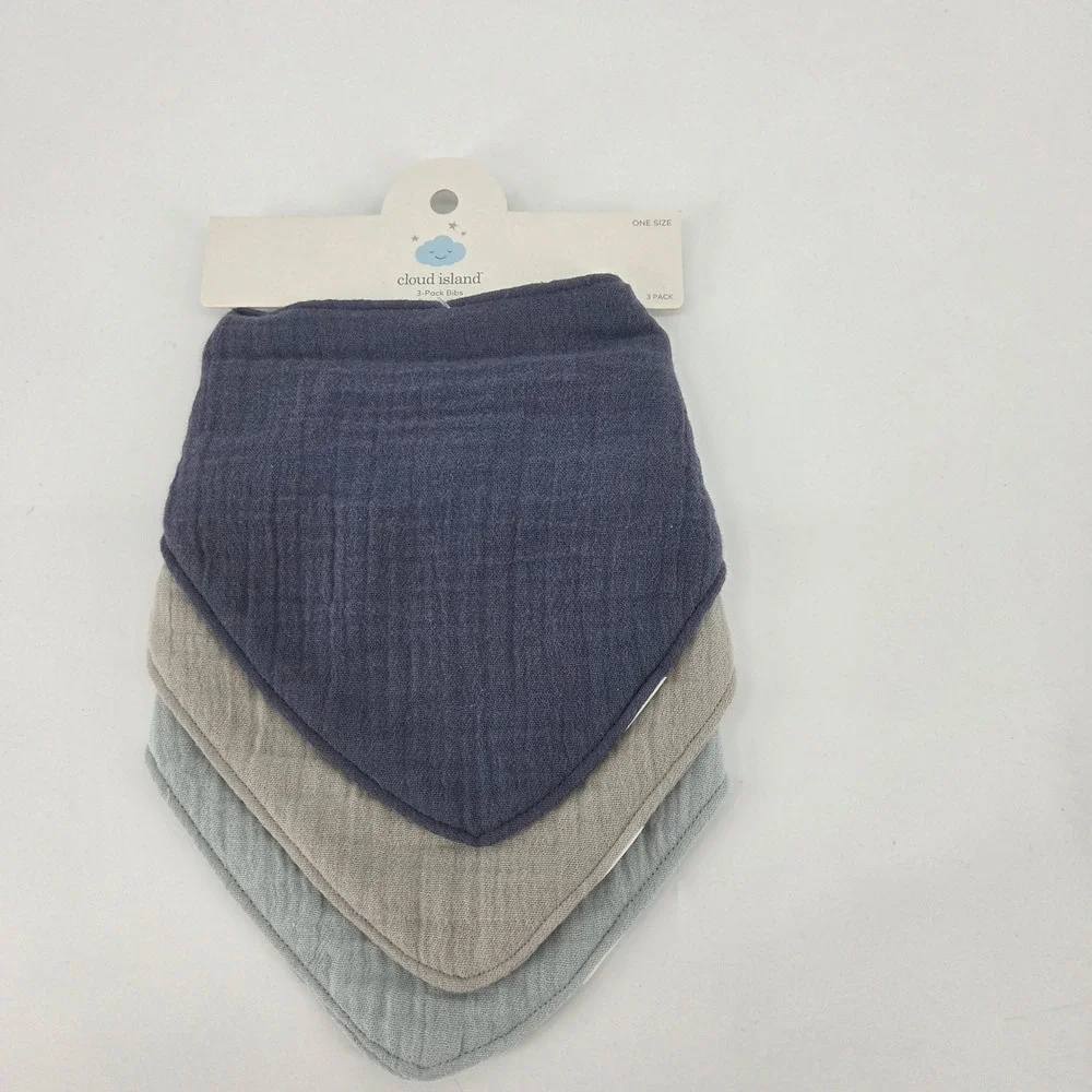 Cloud Island 3 Pack Baby Bandana Bibs Muslin Gauze Blue Taupe Sage One Size NWT